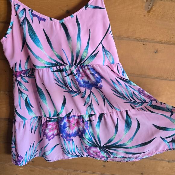 Show Me Your Mumu Caroline Mini Dress Pink Tropical Palm XS Tiered Flowy Boho - Picture 4 of 5